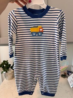 Striped Blue & White Kids One-Piece with Yellow Truck Patch